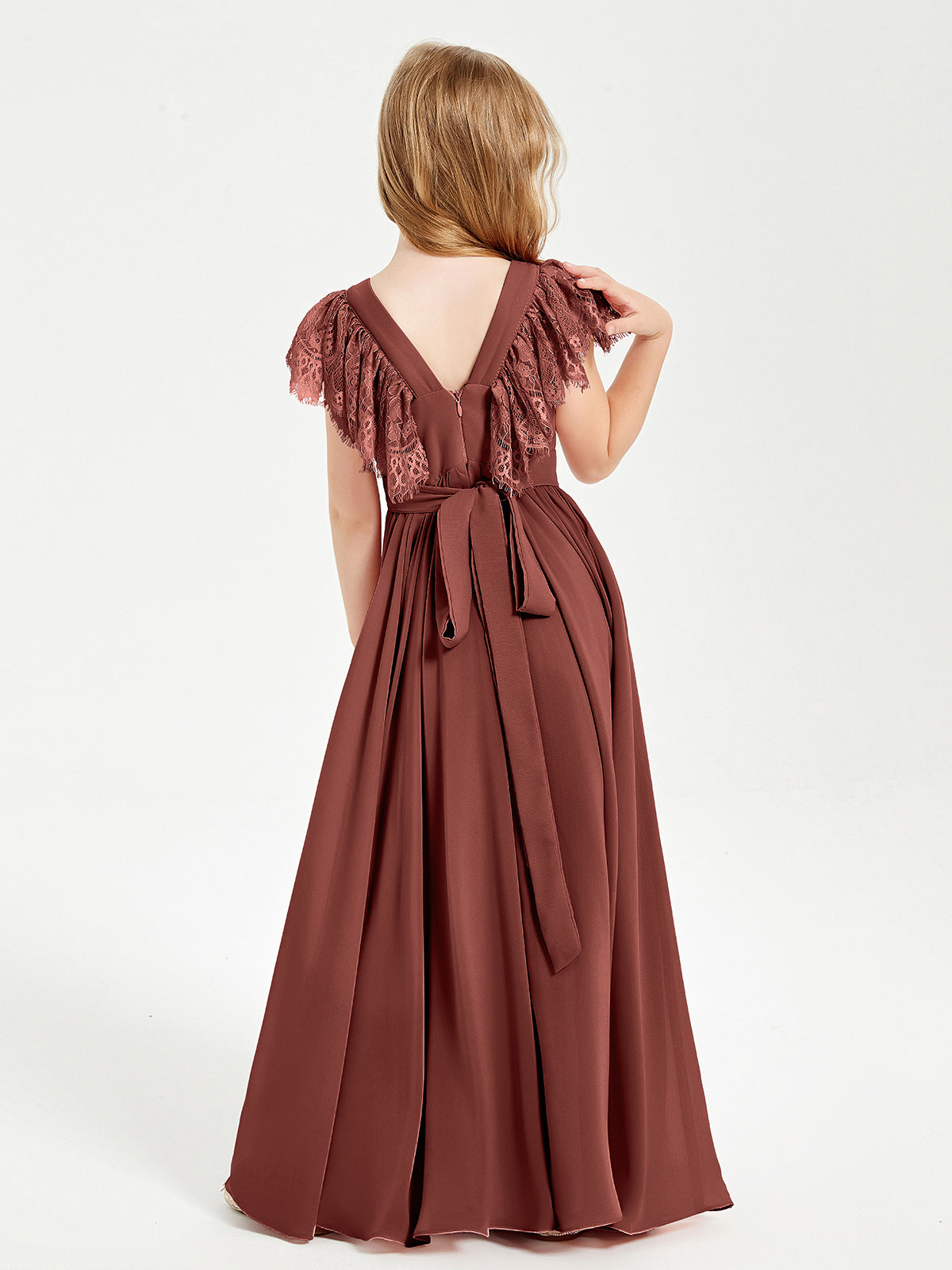 Chiffon Junior Bridesmaid Dresses with Lace Flutter Sleeves Terracotta